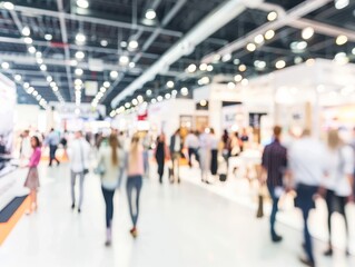 Obraz premium Blurred motion of business people at trade fair or conference in modern hall, panoramic banner