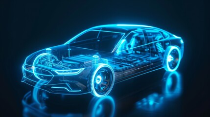 Fototapeta premium A car is shown in a blue and green color scheme, with a futuristic design
