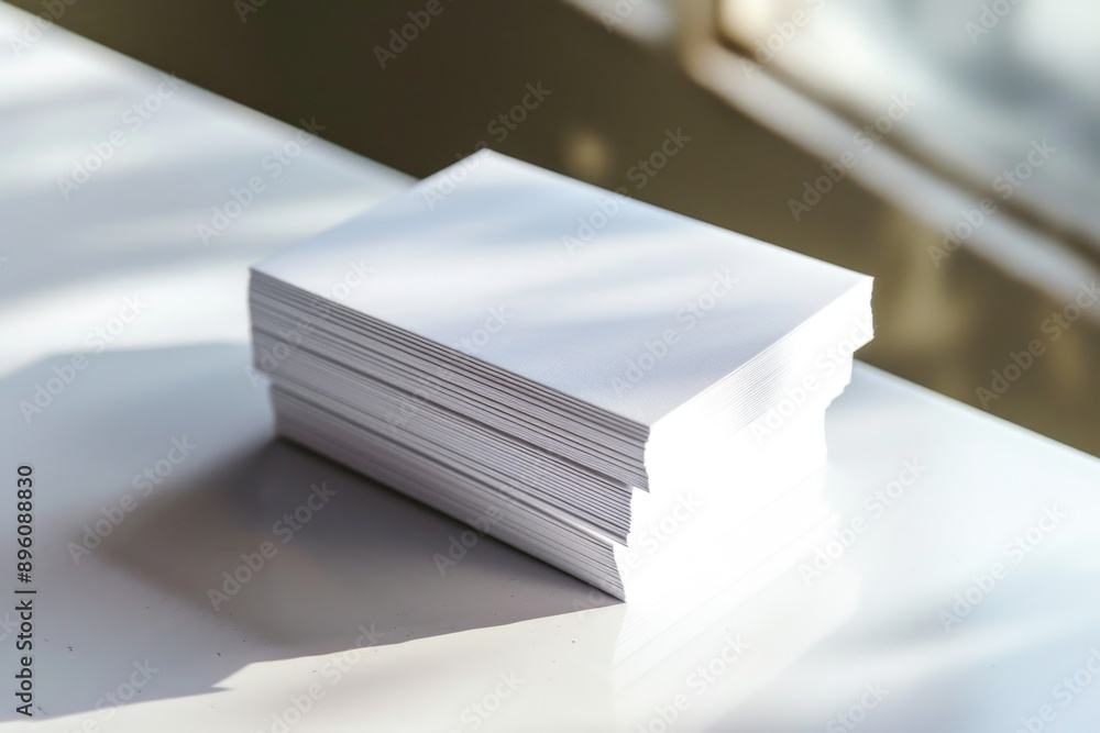 Poster a stack of white papers sits on a table, ready for use