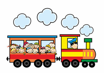 Children ride a train, locomotive with wagon, railway, vector illustration, funny design, eps.