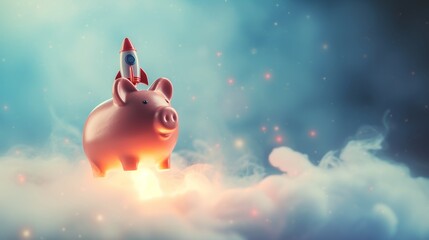 Piggy bank launching into the sky with a rocket, financial growth and savings concept