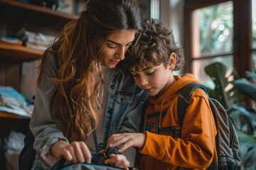 Obraz premium photo of Mother and her child Preparing for Back to School