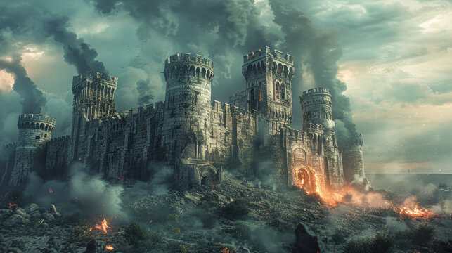 A castle is shown in a war scene with smoke and fire