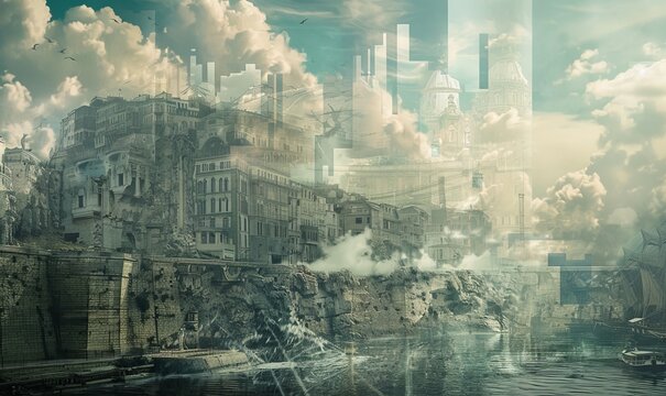 Digital collage blending historical images with futuristic elements, creating anachronistic landscapes that challenge linear perspectives of technological progress