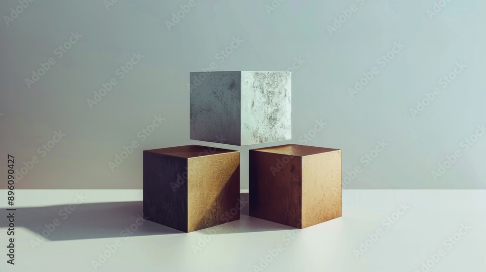 Poster a minimalist composition of geometric shapes, each rendered in a different metallic shade, creating 
