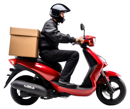 PNG Delivery man riding motorcycle transportation cardboard.