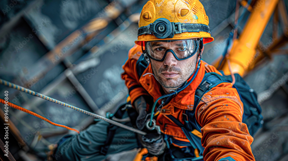 Poster A man in a yellow helmet and orange jacket is climbing a ladder