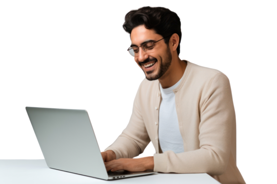PNG  Man smiling using laptop