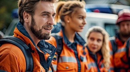 Fototapeta premium A group of emergency responders coordinating during a crisis situation. Their efficient communication and teamwork are crucial in handling the emergency effectively.
