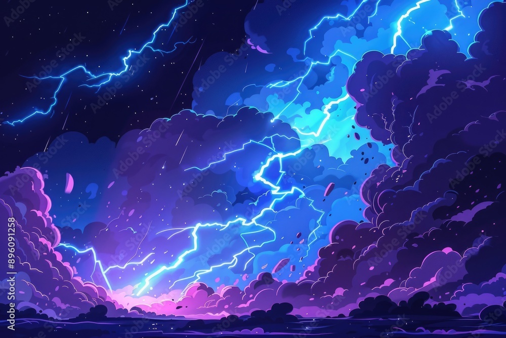 Poster a dramatic view of the sky during a thunderstorm, with lightning illuminating the clouds