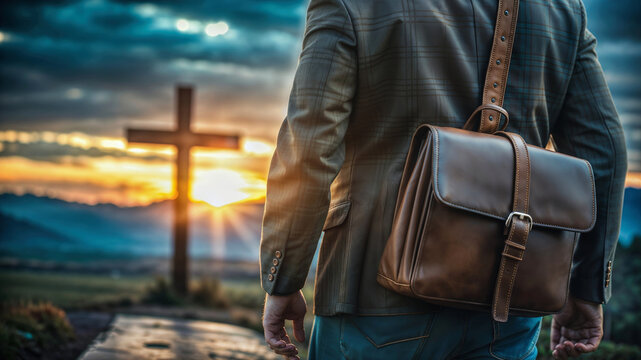 Missionary man with suitcase on his back walking through the field at sunset taking the Word of God