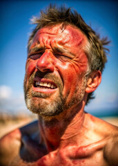 Man suffering from skin burns from extreme sun heat Seven Plagues of book of Revelation