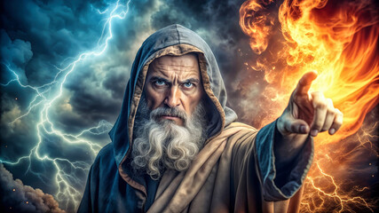 An old prophet and messenger of God pointing the finger and warning people of their mistakes