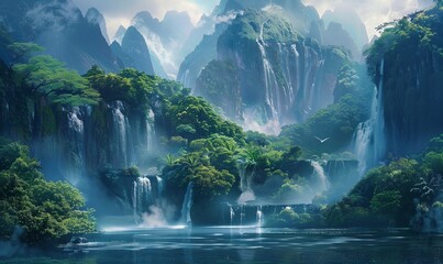 Floating mountains with cascading waterfalls, glowing mist enveloping the landscape, and vibrant flora