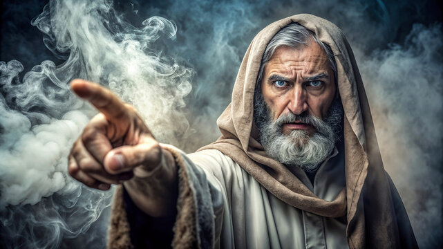 An old prophet and messenger of God pointing the finger and warning people of their mistakes