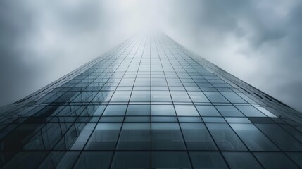 Fototapeta premium Modern glass skyscraper towering upwards into foggy sky