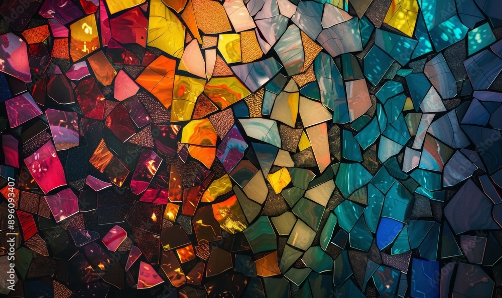 Poster abstract mosaic with fragmented shapes, diverse colors, and an overall sense of unity and cohesion