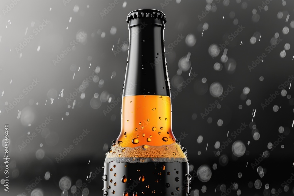 Poster a close-up view of a bottle of beer caught in the rain, perfect for use as a background or props