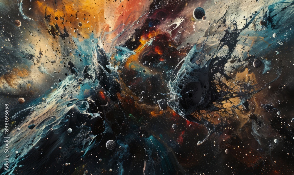 Aufkleber artistic painting of fractured space-time, cosmic elements in abstract disarray