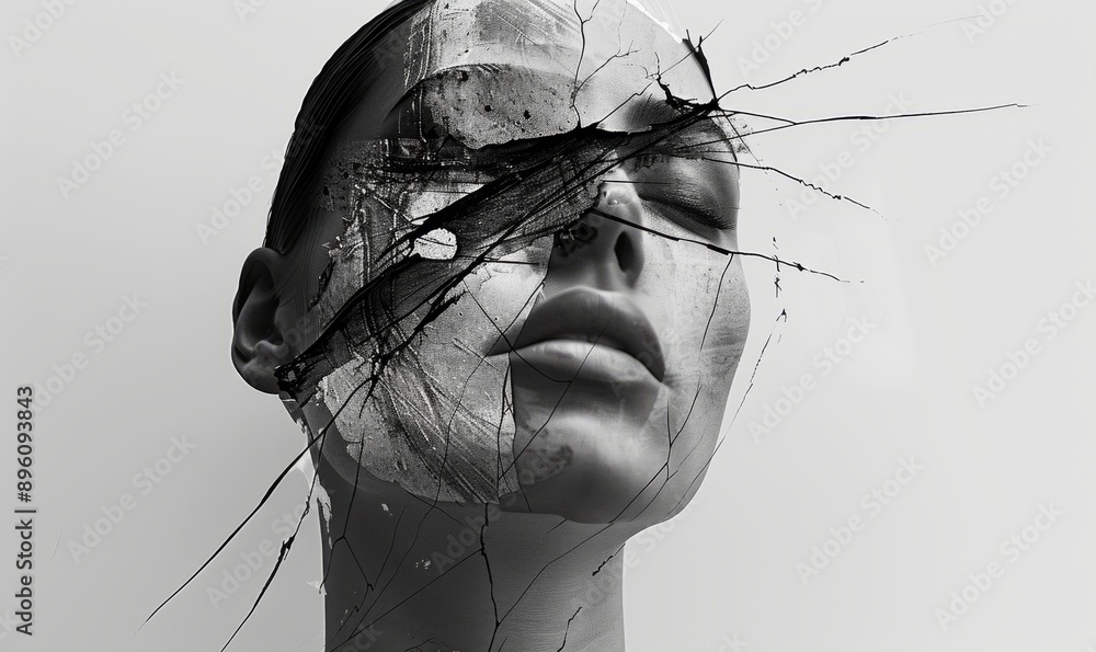 Poster minimalist portrait with fragmented lines, exploring fractured identities and introspection