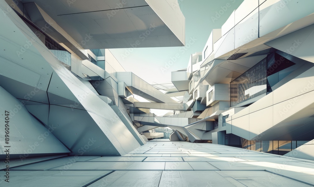 Poster modern architecture fractured into angular shapes, urban design disrupted by geometric disarray