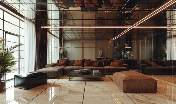 Modern interior design with mirrored ceiling panels, enhancing spatial perception and architectural aesthetics