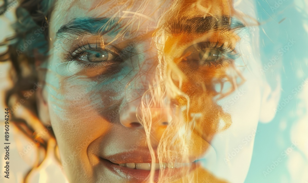 Poster multiple exposure image: one face smiling, the other with furrowed brows, illustrating the dual natu