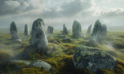 Mysterious stone circle on windswept moor, ancient stones aligned with celestial movements. Whispering winds carry tales of druids and forgotten rituals