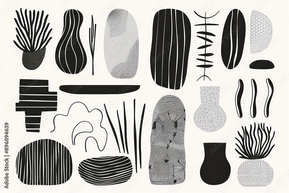 Poster black and white drawing of various objects