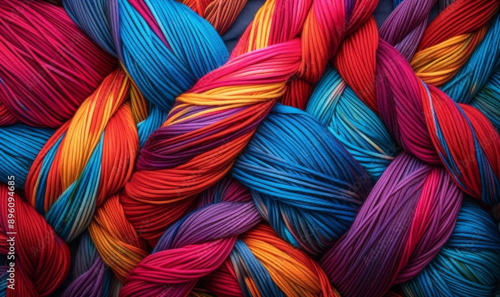 Poster colorful tapestry of intersecting yarn lines, creating a complex, vibrant mosaic effect