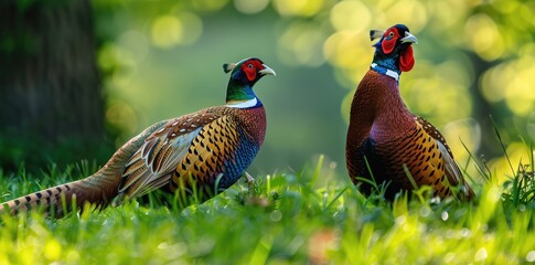 Two Vibrant Pheasants Amidst Lush Greenery