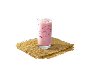 Pictures of iced pink milk with concept beverage  photo serving on sack.