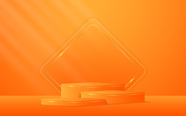Multi-tiered orange podium with orange squares with elegant gold lines on the back for product presentation. Display of cosmetic products. Stage or podium. vector illustration	