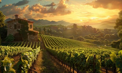 Serene vineyard at sunset, rows of grapevines bathed in golden light against a backdrop of rolling hills. A rustic stone villa stands amidst the vines, inviting tranquility and relaxation