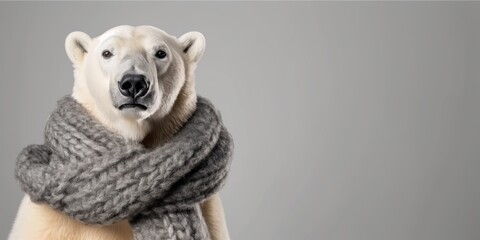 Obraz premium Studio close-up photo of a polar bear wearing a woolly scarf, isolated against a light grey background. Space for copy. Knitwear and knitting concept.