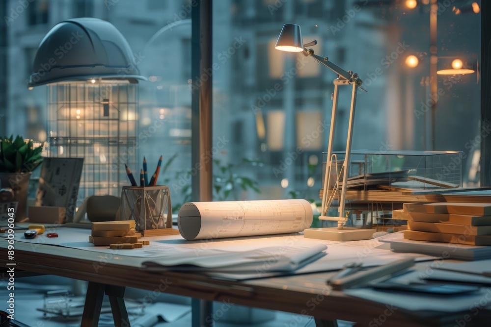 Aufkleber architectural project concept architect s desk in construction site with mining lamp