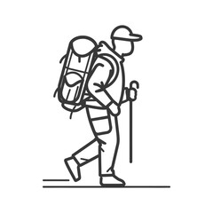 minimalist line art icon backpacker man in action logo symbol