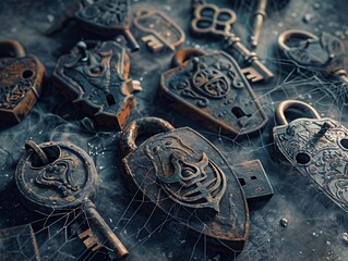 A collection of ancient rusty locks and keys lying on a dusty cobweb-covered table Each lock is different with intricate designs that hint at their mysterious origins