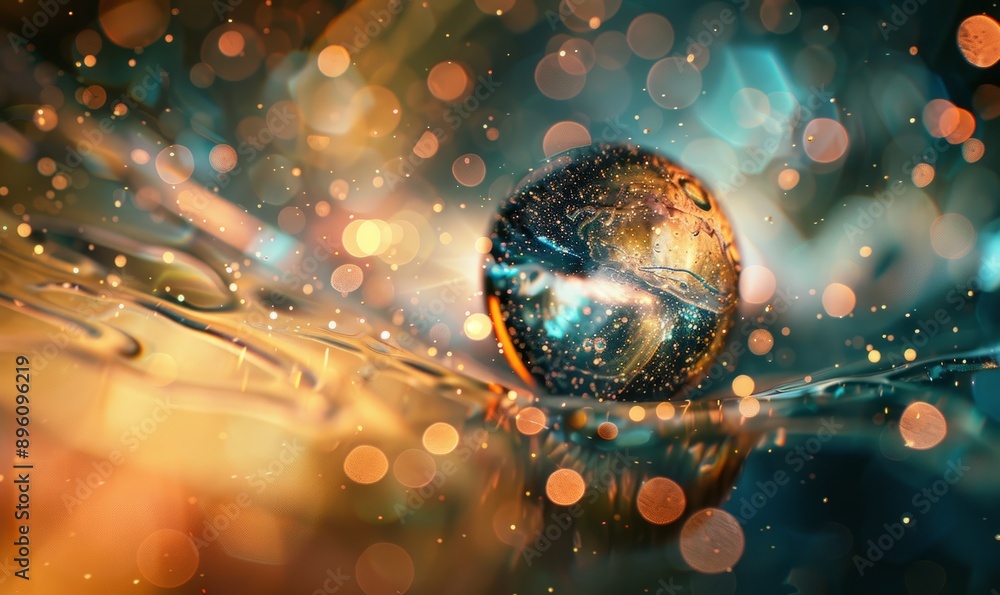 Poster surreal digital artwork depicting a universe within a droplet of water, blurring boundaries between 