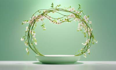 Beauty Product Display: Podium of Vines and Flowers Against Light Green Backdrop





