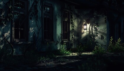 A dark abandoned house with broken windows and overgrown weeds illuminated by a single dim lantern The shadows cast by the lantern create ominous shapes and add to the haunted feel