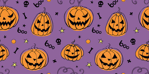 Vector Seamless pattern with pumpkins, Jack o Lantern. Halloween backgrounds and textures in flat doodle style, isolated.