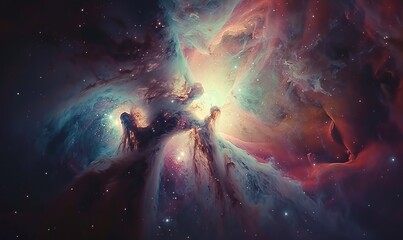 The ethereal glow of the Orion Nebula, a stellar nursery where young stars emerge from clouds of gas and dust, a beacon of stellar birth