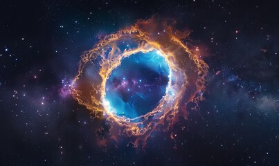 The radiant glow of the Ring Nebula, a donut-shaped cloud of gas emitted by a dying star, showcasing the beauty of cosmic recycling