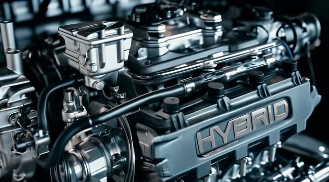 Close-up view of a detailed hybrid engine with visible pistons and cylinders.