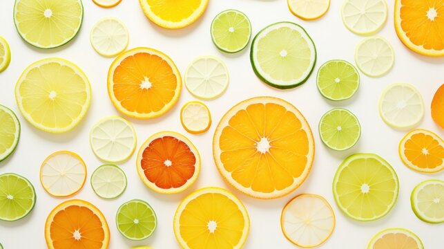 A refreshing medley of citrus fruits, including lemons, limes, and oranges, sliced and arranged in a geometric pattern on a clean white background.