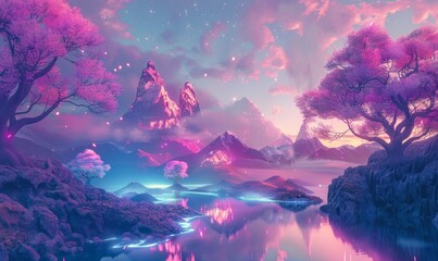 Ethereal valley with luminous trees, shimmering pools, and floating islands in pastel hues.