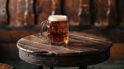 A rustic wooden table adorned with a vintage beer stein, its amber-colored ale filling the vessel, evoking a sense of warmth and camaraderie.