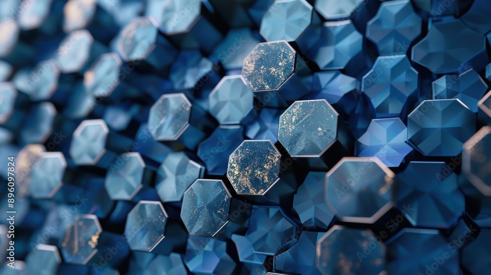 Poster Floating hexagons with changing patterns, 3D background, hexagonal abstract