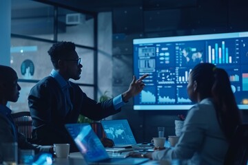Ceo leads office meeting with data on tv, managers discuss growth, entrepreneurs focus on e commerce